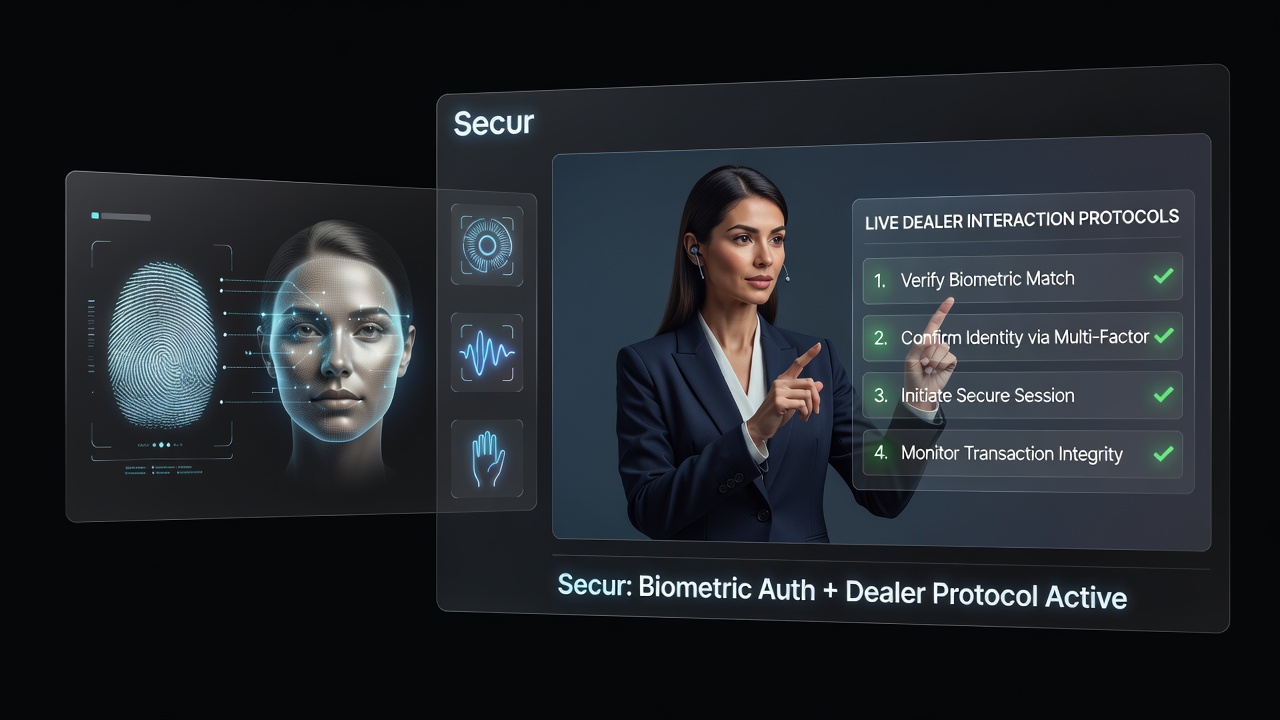 Diagram over sikre protokoller mellem mobil biometri og live dealer systemer